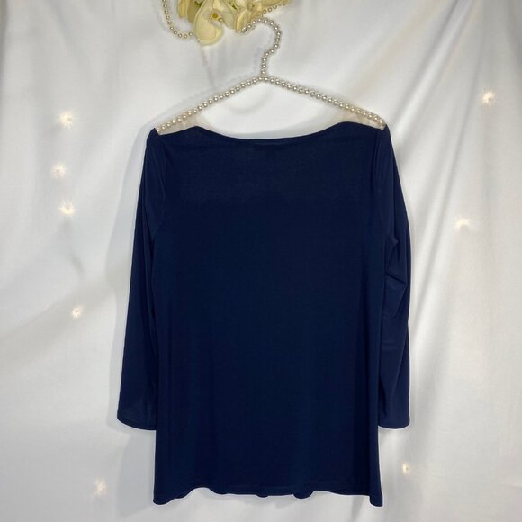 Prelude Soft & Elegant Navy Flower Lace Netting Embellished Top - Medium NWT - Picture 2 of 8